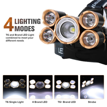 LED Headlamp 1500  5*T6 Headlamp Bike Head Lamp Light 18650 Rechargeable Fishing Camping Flashlight