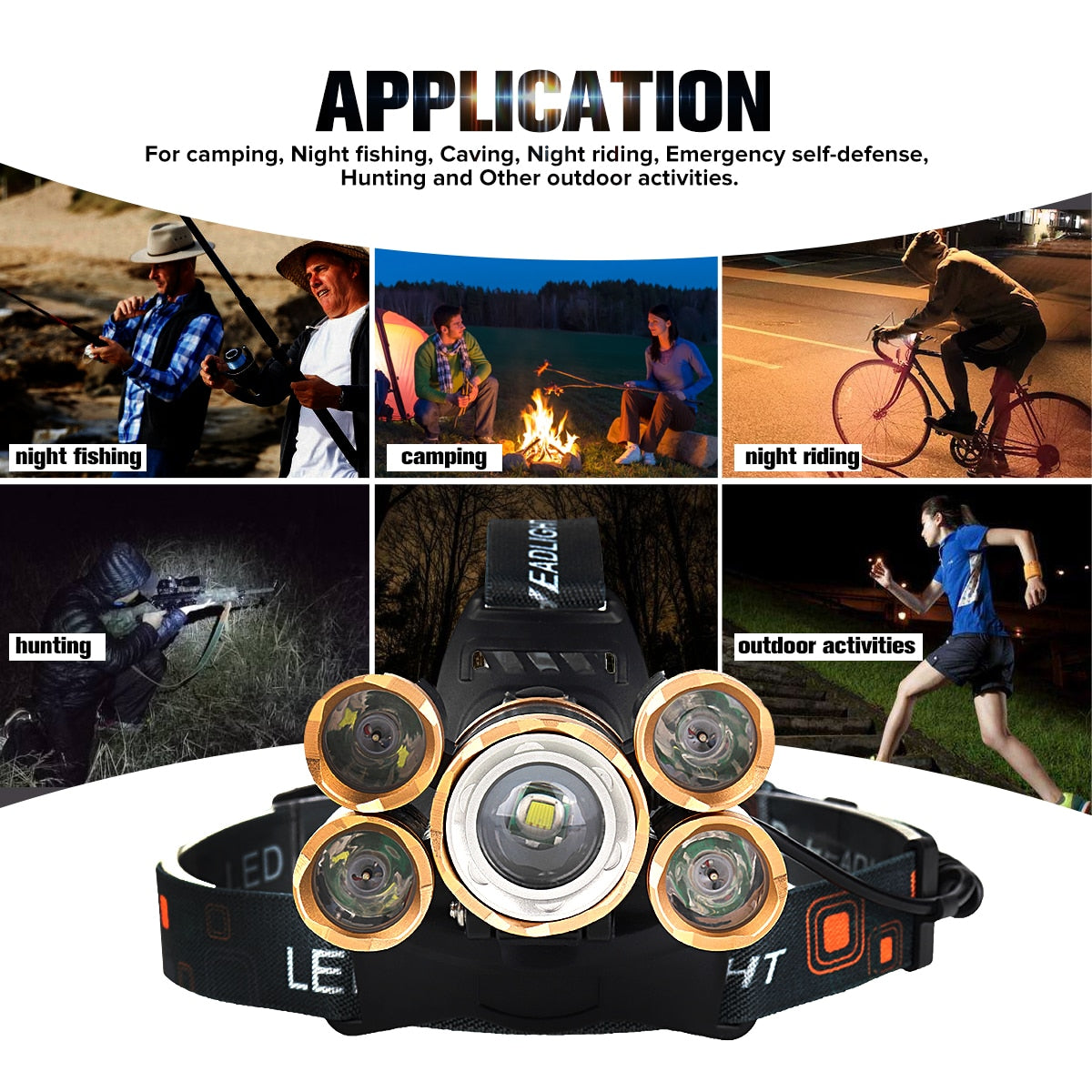 LED Headlamp 1500  5*T6 Headlamp Bike Head Lamp Light 18650 Rechargeable Fishing Camping Flashlight