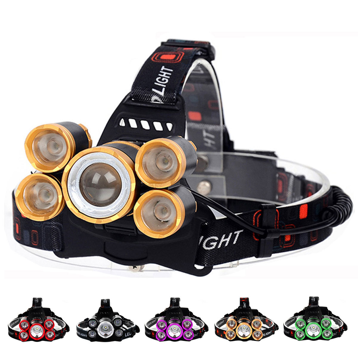 LED Headlamp 1500  5*T6 Headlamp Bike Head Lamp Light 18650 Rechargeable Fishing Camping Flashlight